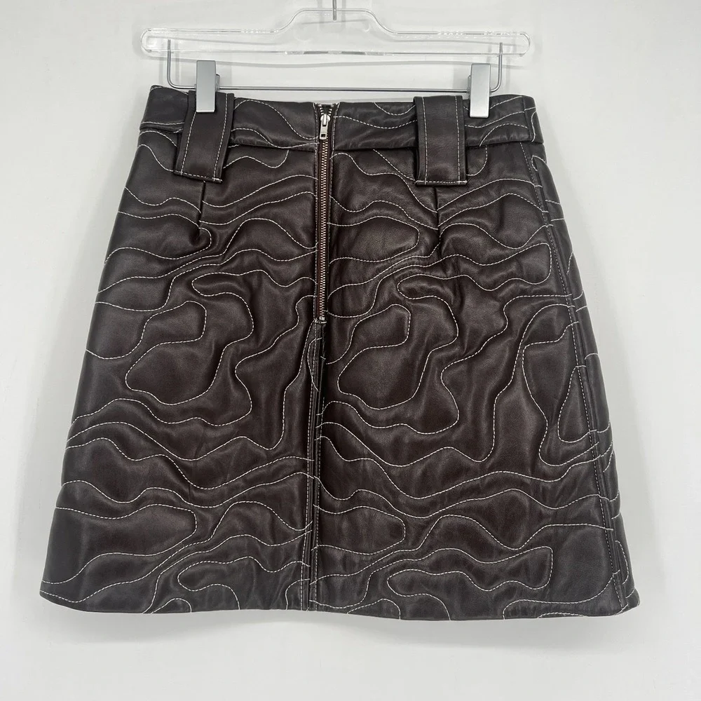 Ganni Mini Skirt Womens 4 / EU36‎ Lamb Leather Brown Neutral Quilted Embroidered